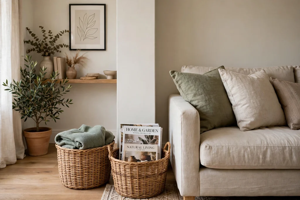 Living room corner with woven baskets holding a folded throw.