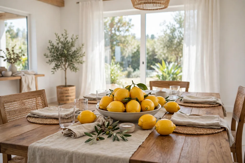 Dining table with a shallow bowl filled with fresh lemons.