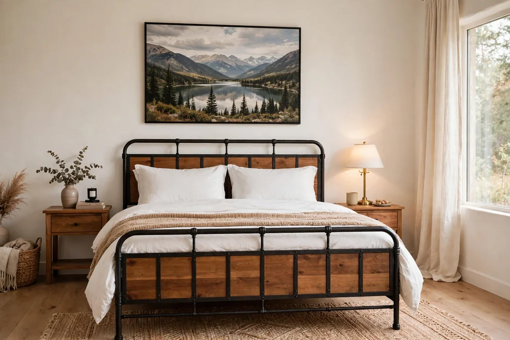 Bedroom with a dark iron and warm wood bed frame and white bedding.