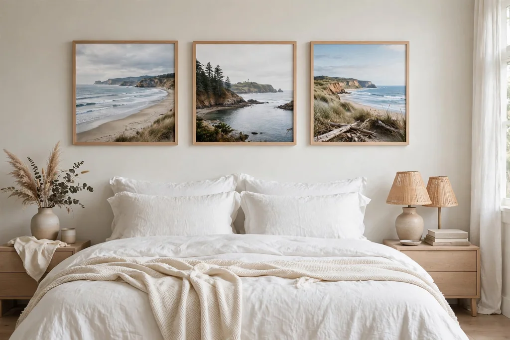Bedroom wall with coastal prints in simple light wood frames.