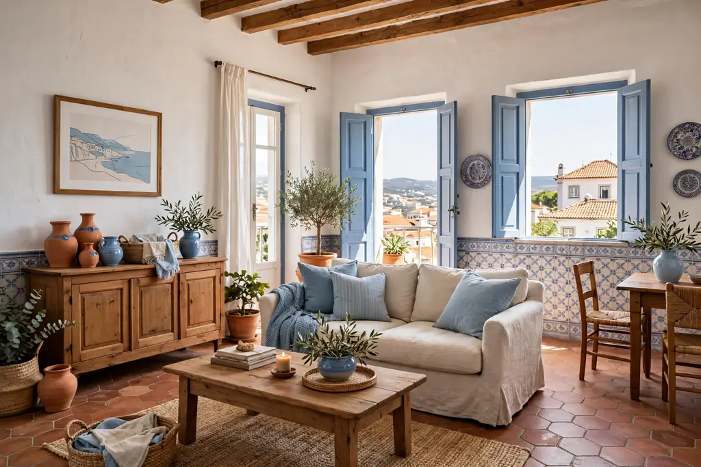 Portuguese living room in warm white, terracotta, and soft blue.