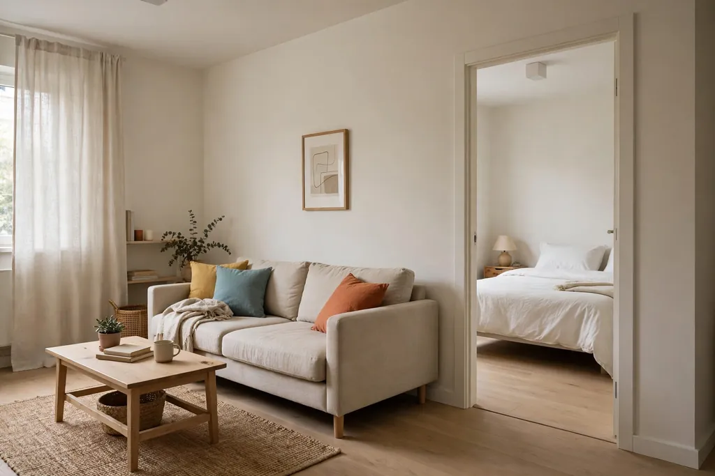 Small apartment living room with a calm neutral sofa, plain curtains and a few colored cushions.
