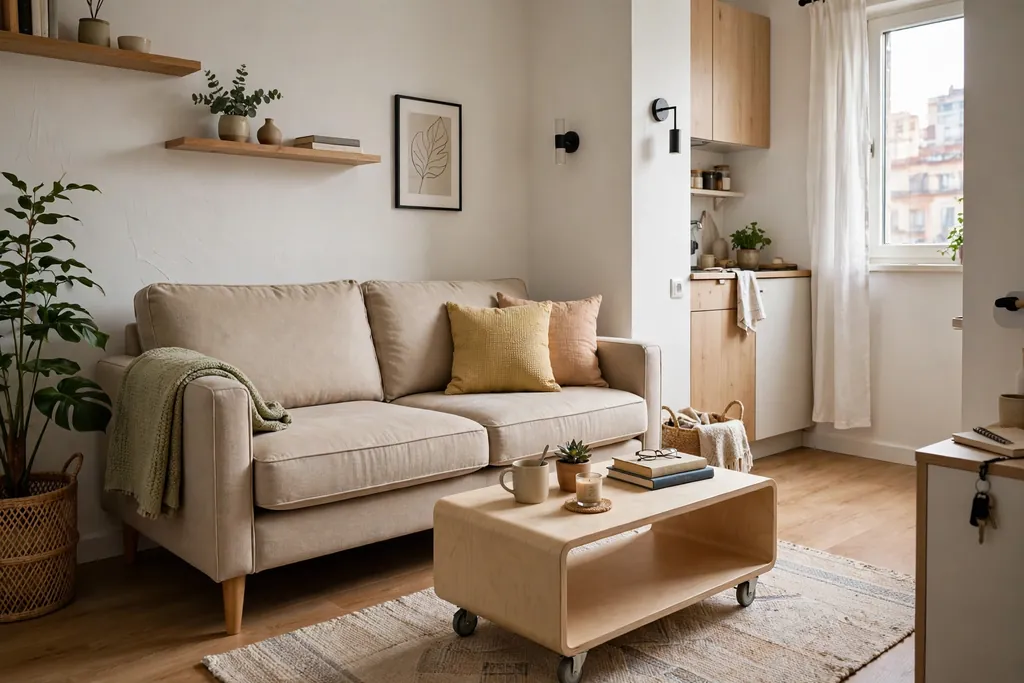 Comfortable two seat sofa with firm cushions and a light movable coffee table in a small apartment.