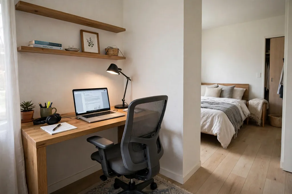 Small apartment work from home corner with a desk, laptop, supportive chair and task lamp.