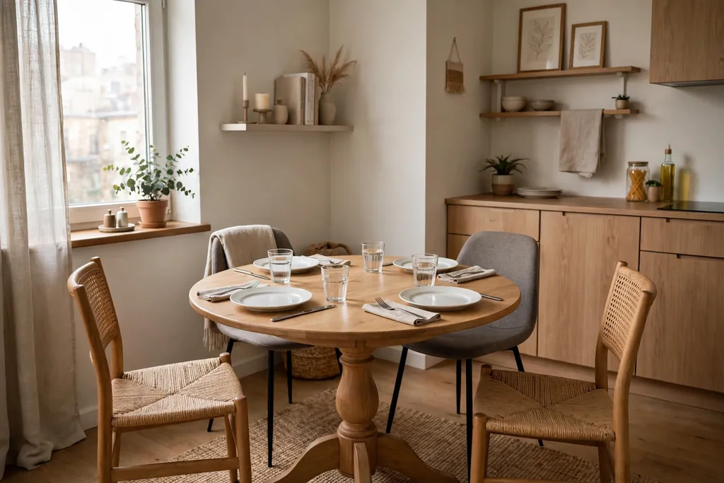 Small apartment dining corner with a round pedestal table set for four people.