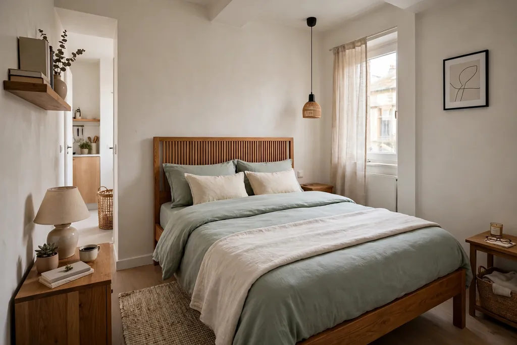 Neatly made bed with a wood bed frame, headboard and layered solid color bedding.