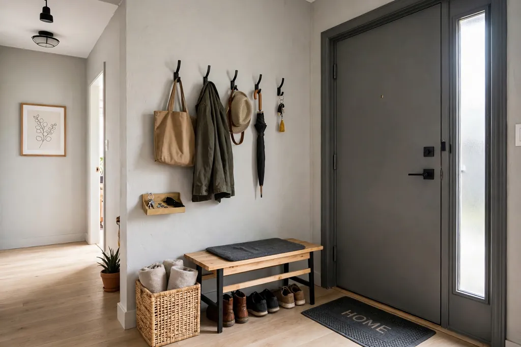 Apartment entry with wall hooks, a small tray for keys, a bench and a shoe mat by the door.