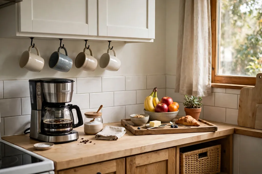 Small kitchen counter morning station with a coffee maker, mugs, a fruit bowl and a tray.