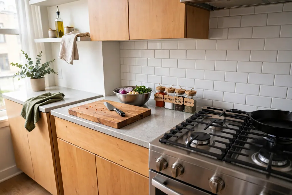 Small apartment kitchen prep zone with a cutting board, knife, mixing bowl and spices near the stove.