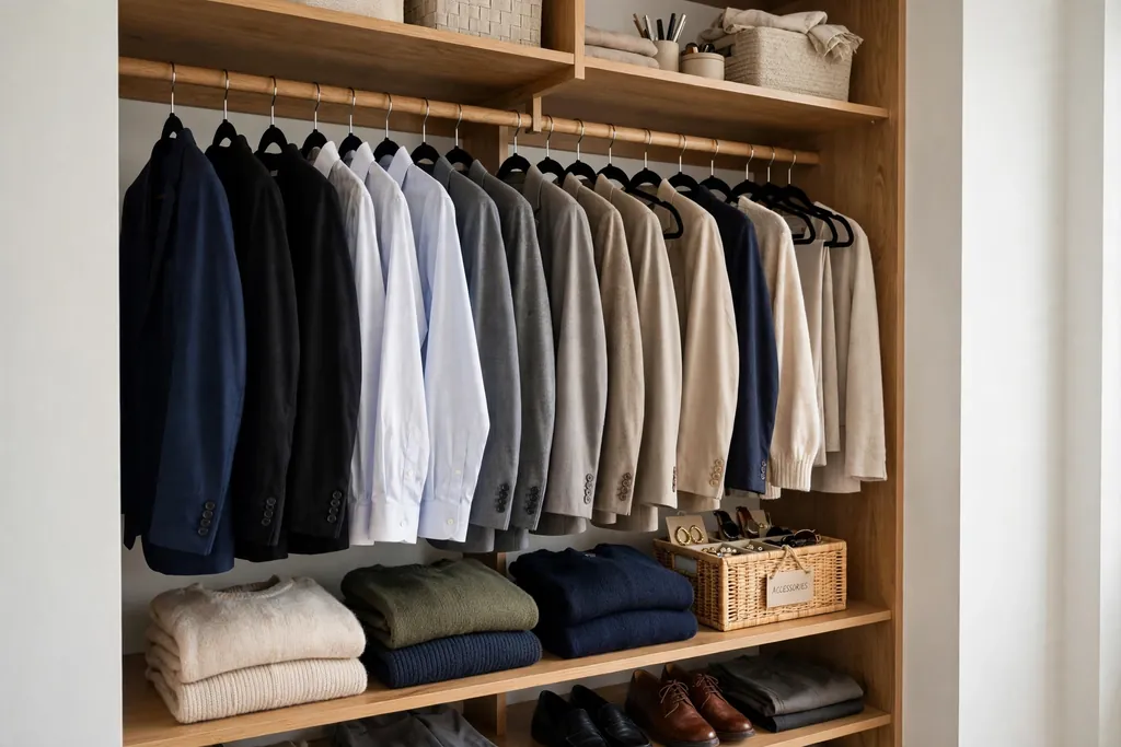 Organized apartment closet with work clothes on matching hangers and folded knitwear on a shelf.