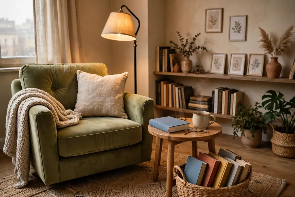 Apartment reading corner with an armchair, floor lamp, small side table with a book and a basket of books.