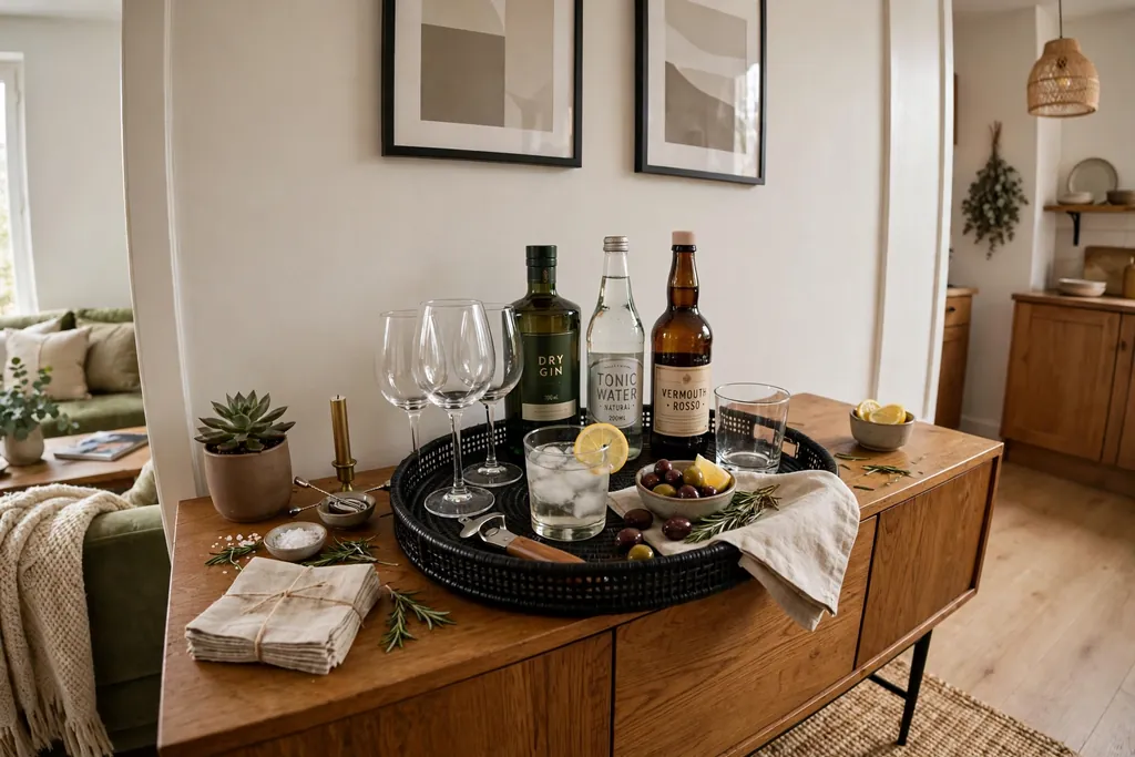 Drinks tray on a sideboard with glasses, bottles, a bottle opener and a small bowl for guests.