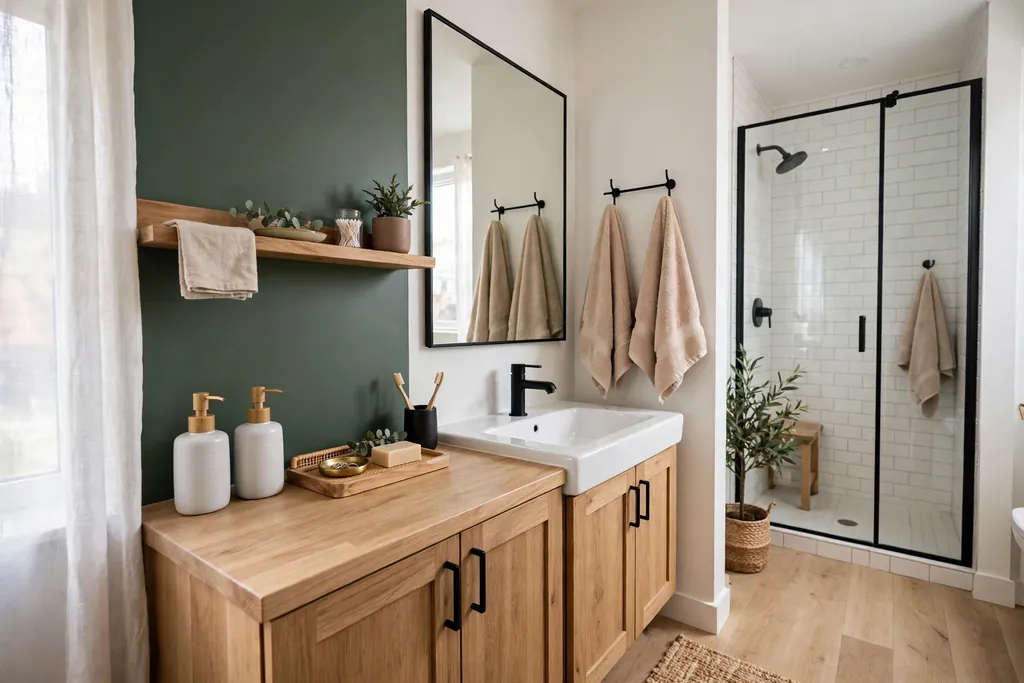 Tidy apartment bathroom with a wall shelf, matching soap dispensers and matching towels.