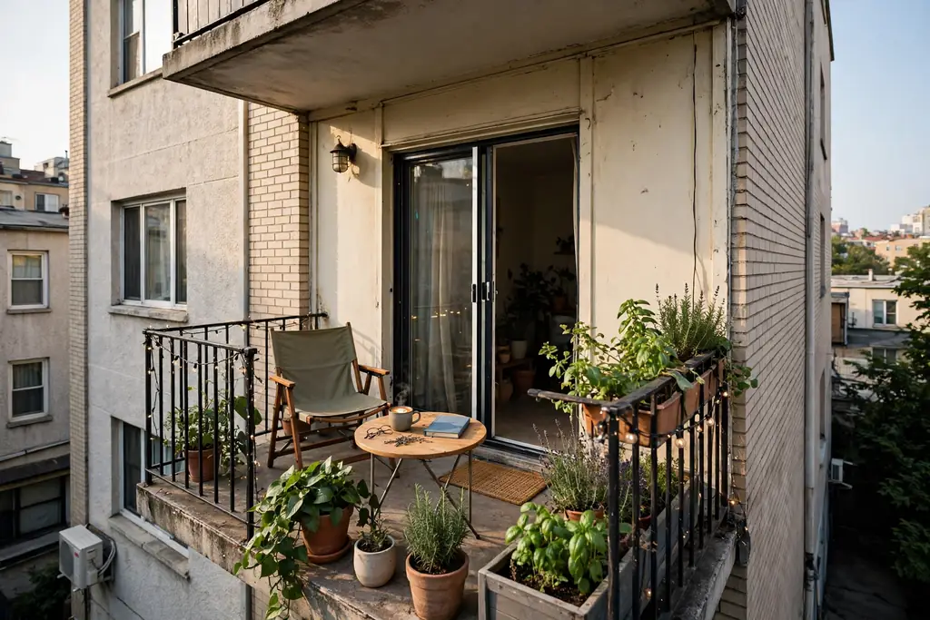 Small apartment balcony with a folding chair, small table and potted plants as a break spot.