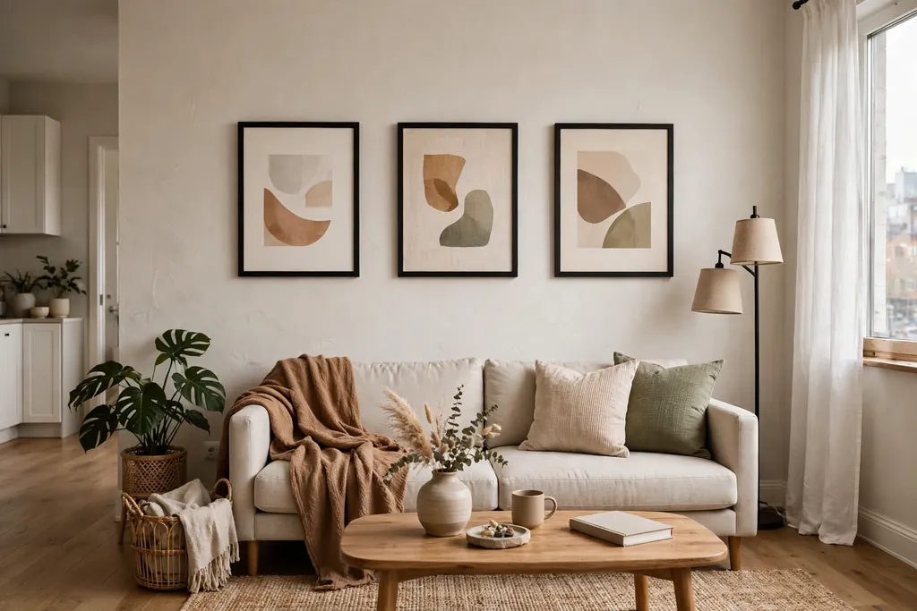 Apartment living room wall with framed art hung at eye level above a sofa in matching frames.