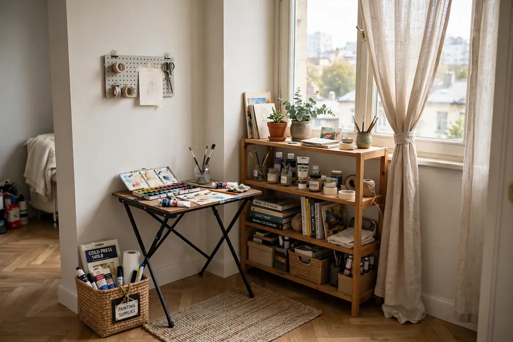 Small apartment hobby corner with a folding table, painting supplies in a labeled basket and a shelf near a window.