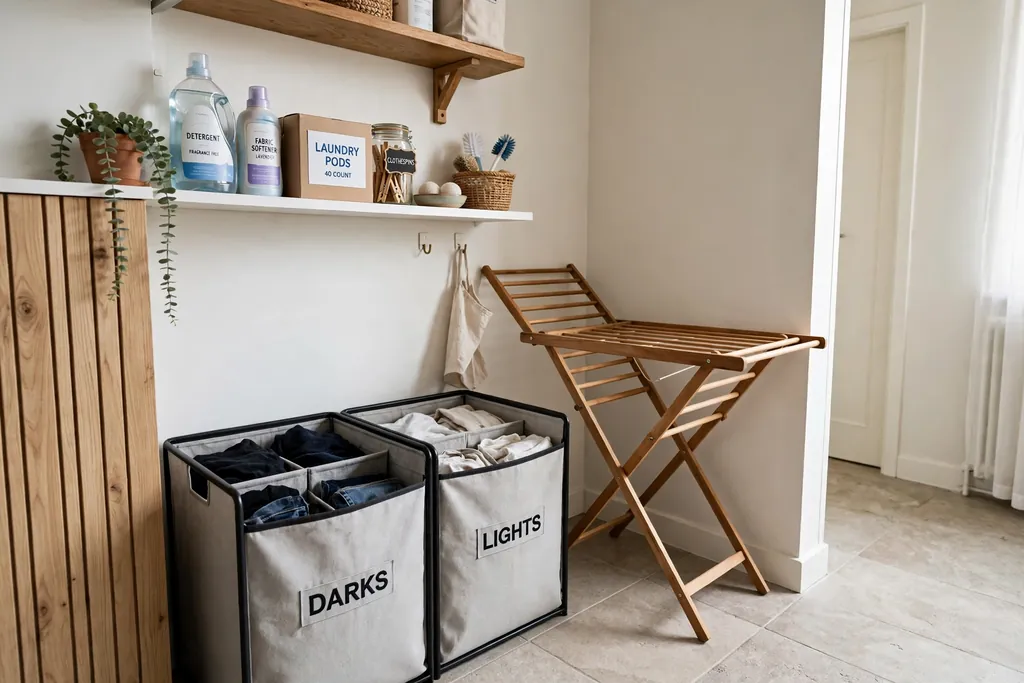 Apartment laundry corner with divided hampers, detergent on a shelf and a folding drying rack.
