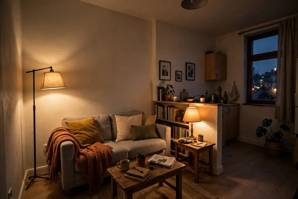 Small apartment living room in the evening lit by a floor lamp and a table lamp with warm light.