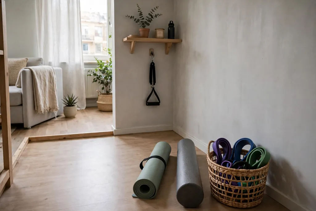 Small apartment workout corner with a rolled yoga mat and a basket with bands and a foam roller.