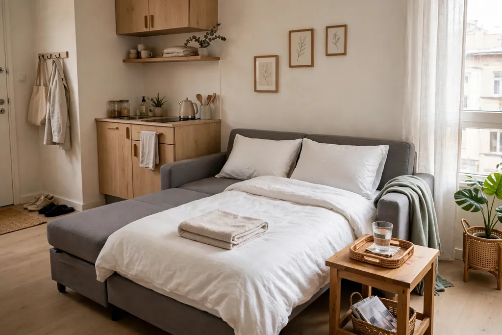 Guest ready sofa bed in a small apartment with clean bedding, a towel and a tray with water nearby.