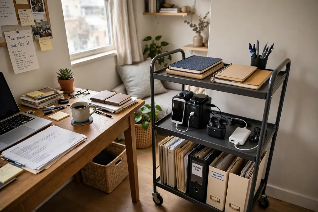 Rolling work cart beside a desk with notebooks, pens, files and a charging station on its shelves.