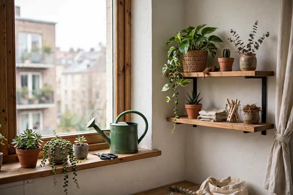 Apartment windowsill and shelf with a small collection of potted plants and a watering can nearby.