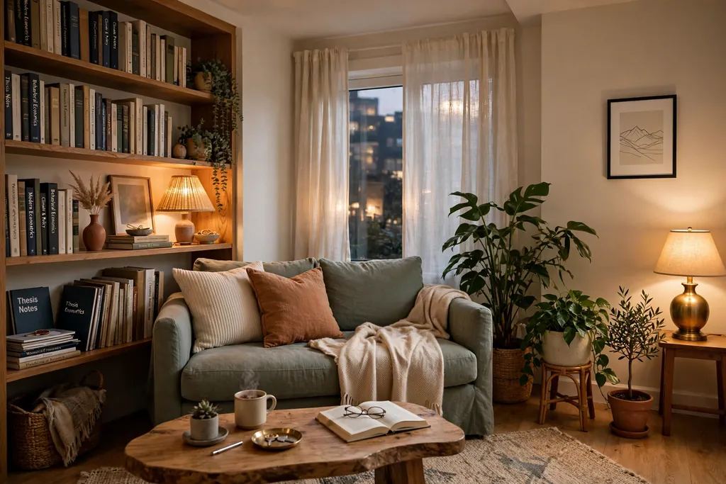 Calm finished post grad apartment living room with a sofa, bookshelf, plants and warm lamps.