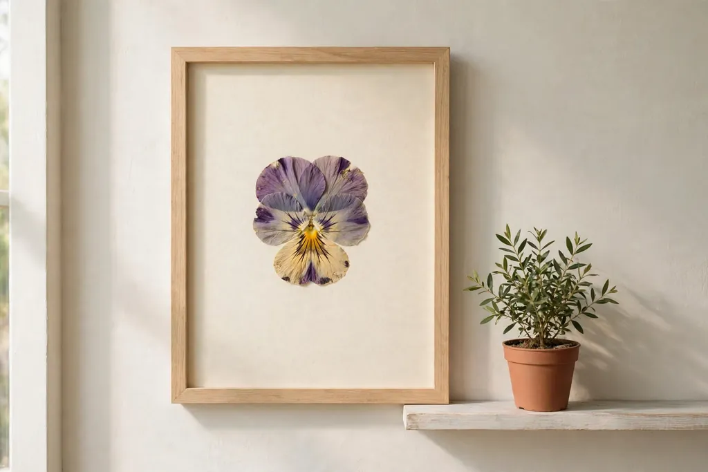 Single pressed pansy framed on cream paper in a light wood frame on a pale wall.
