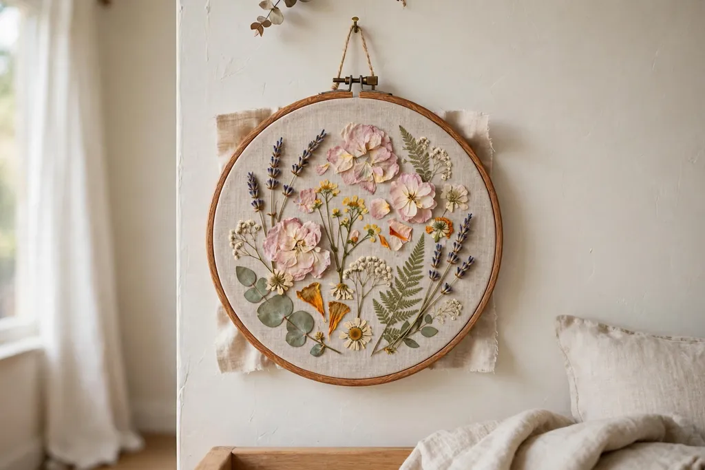 Pressed flowers on linen inside a round wood embroidery hoop hanging on a bedroom wall.