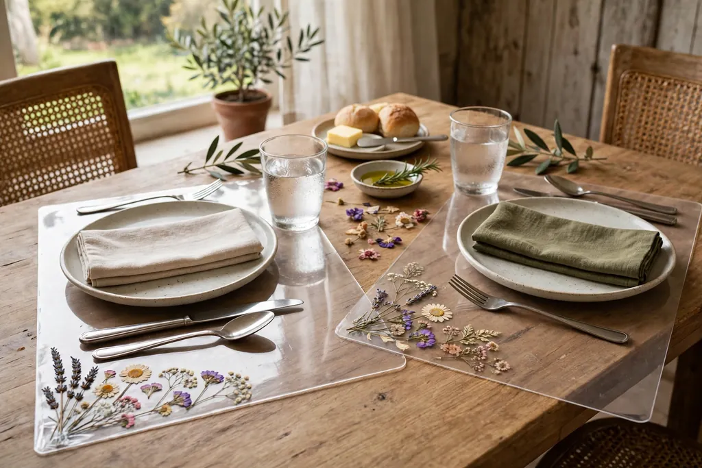 Laminated placemats with pressed flowers at one corner set on a dining table with plates.