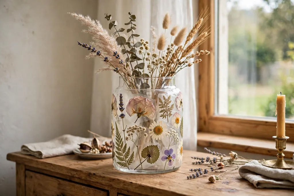 Clear glass vase with pressed flowers sealed on its outside holding dried stems on a sideboard.