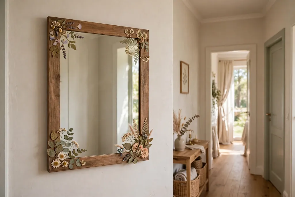 Wall mirror with wood frame decorated with small pressed flowers and leaves at the corners.