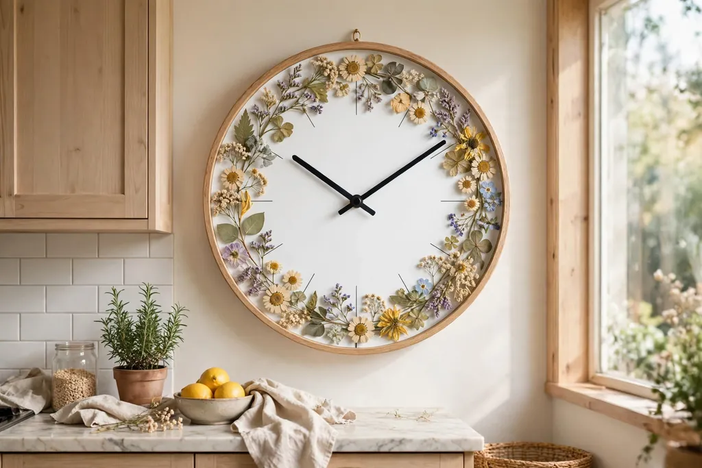 Round wall clock with pressed flowers in a ring near the edge of its white face in a kitchen.