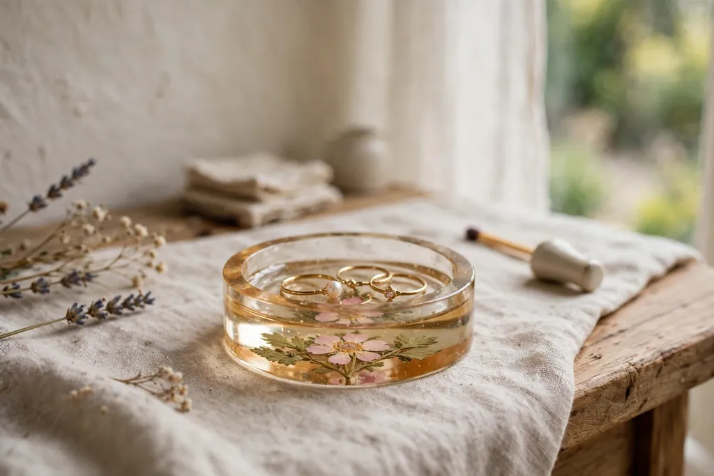 Small round resin trinket dish with a pressed flower in its base holding rings on a bedside table.