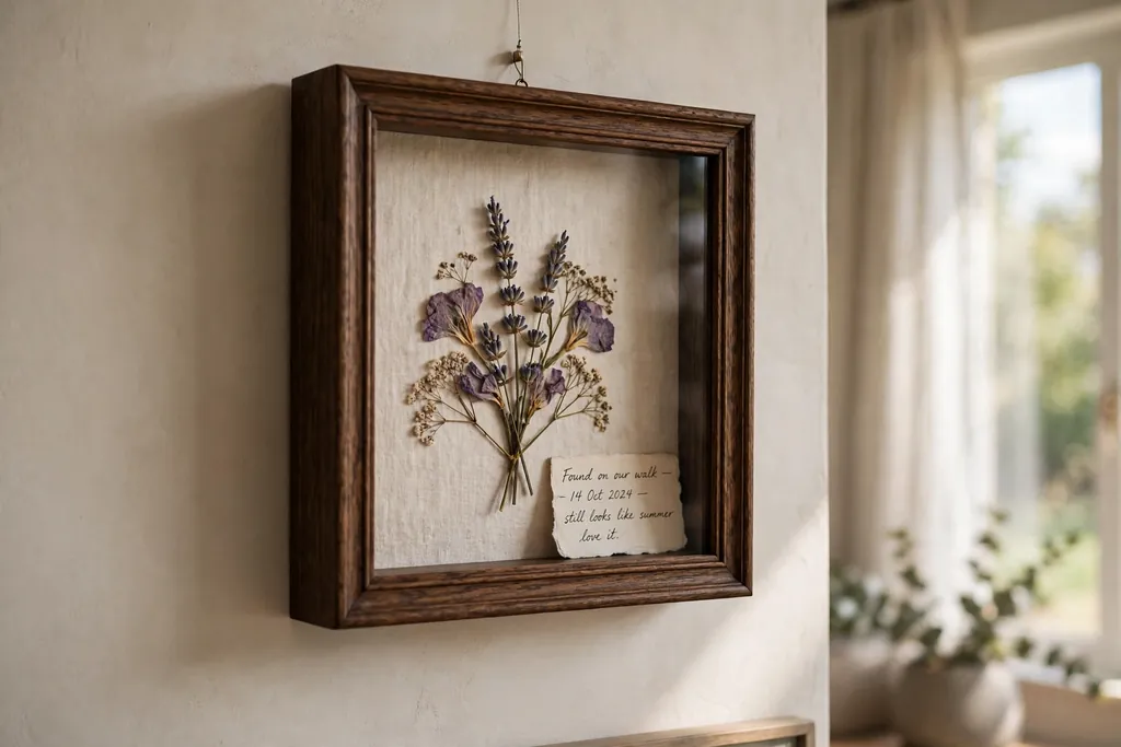 Deep shadow box frame holding a pressed flower and a small handwritten note on a living room wall.