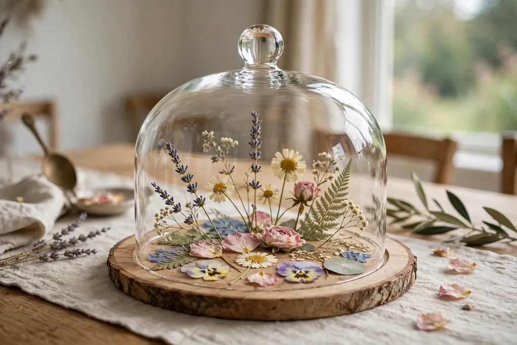 Pressed flowers on a wood base under a clear glass cloche on a dining table.