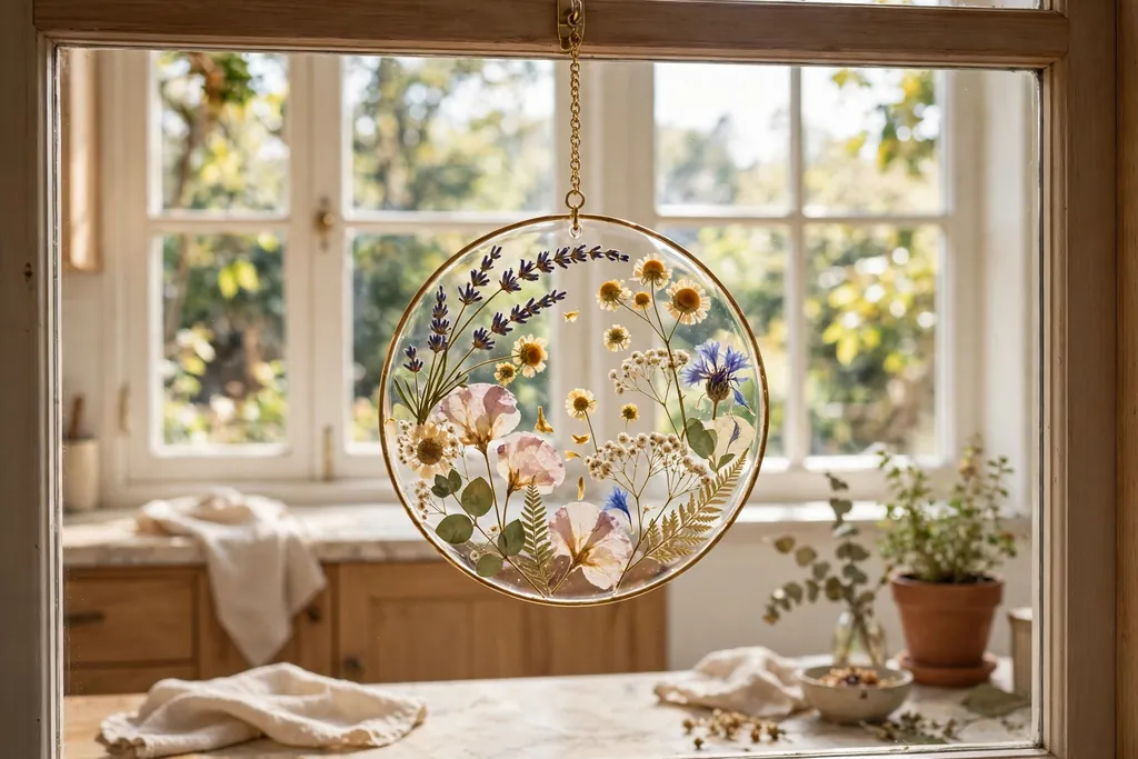 Clear window suncatcher panel with pressed flowers inside hanging in a bright kitchen window.