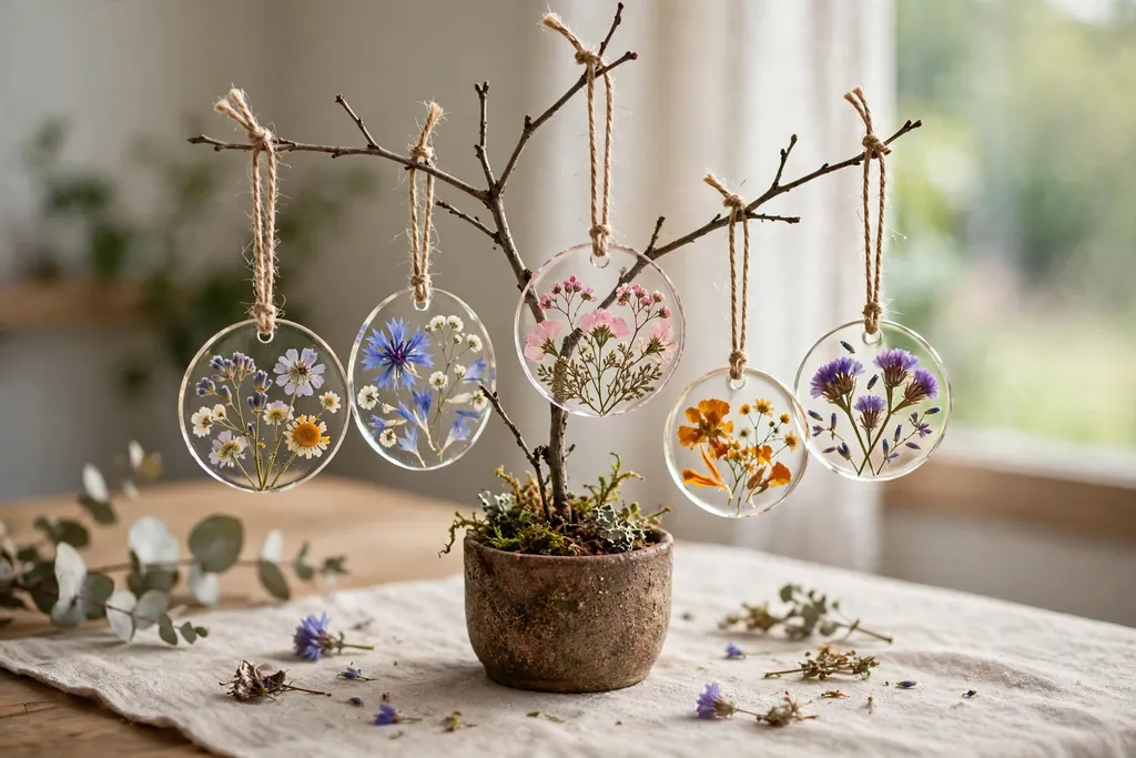 Flat clear ornaments with small pressed blooms inside hanging on a small branch display.