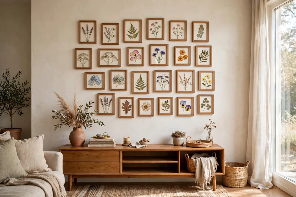 Gallery wall of small wood framed pressed flower pictures in a grid above a console table.