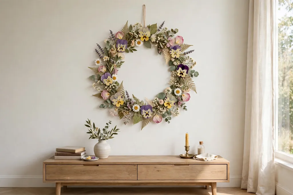 Flat ring wreath of pressed flowers and leaves hanging on a pale indoor wall above a console.