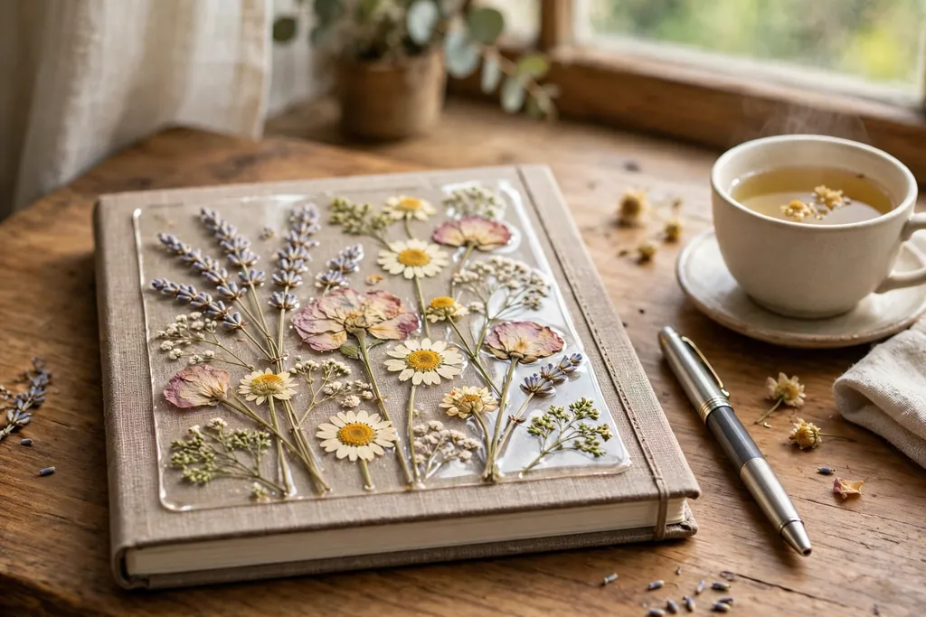 Notebook with pressed flowers sealed on its front cover on a desk beside a pen and tea.