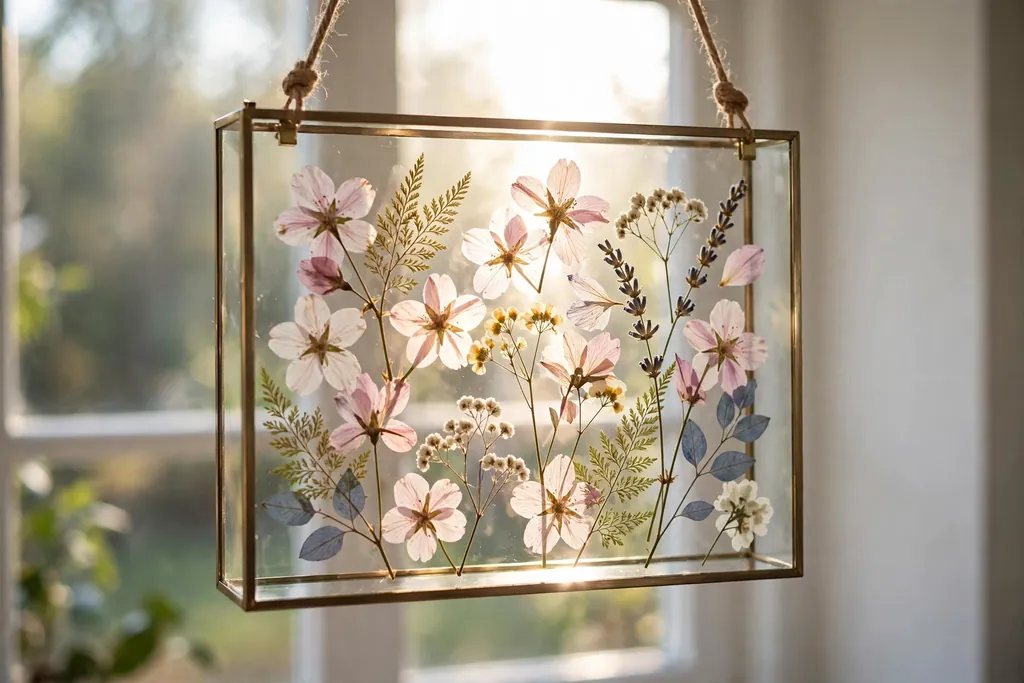 Pressed flowers between glass panes in a floating frame near a bright window.