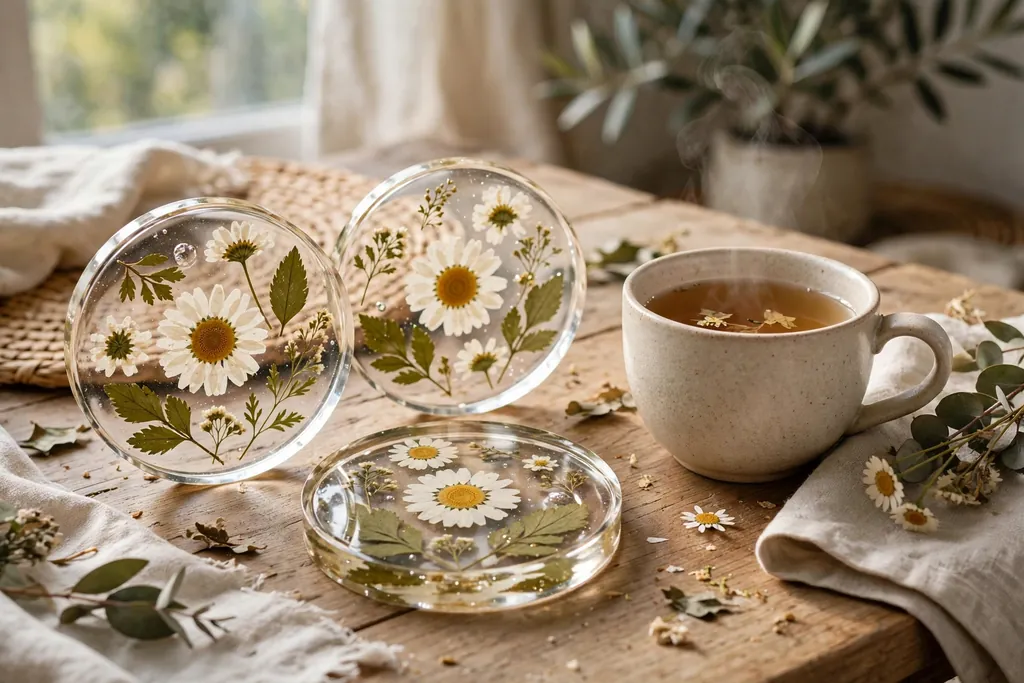 Round clear resin coasters with pressed daisies and leaves on a coffee table beside tea.