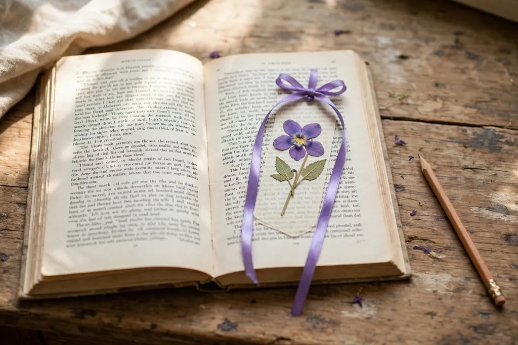 Pressed violet bookmark with ribbon lying on an open book on a wooden desk.
