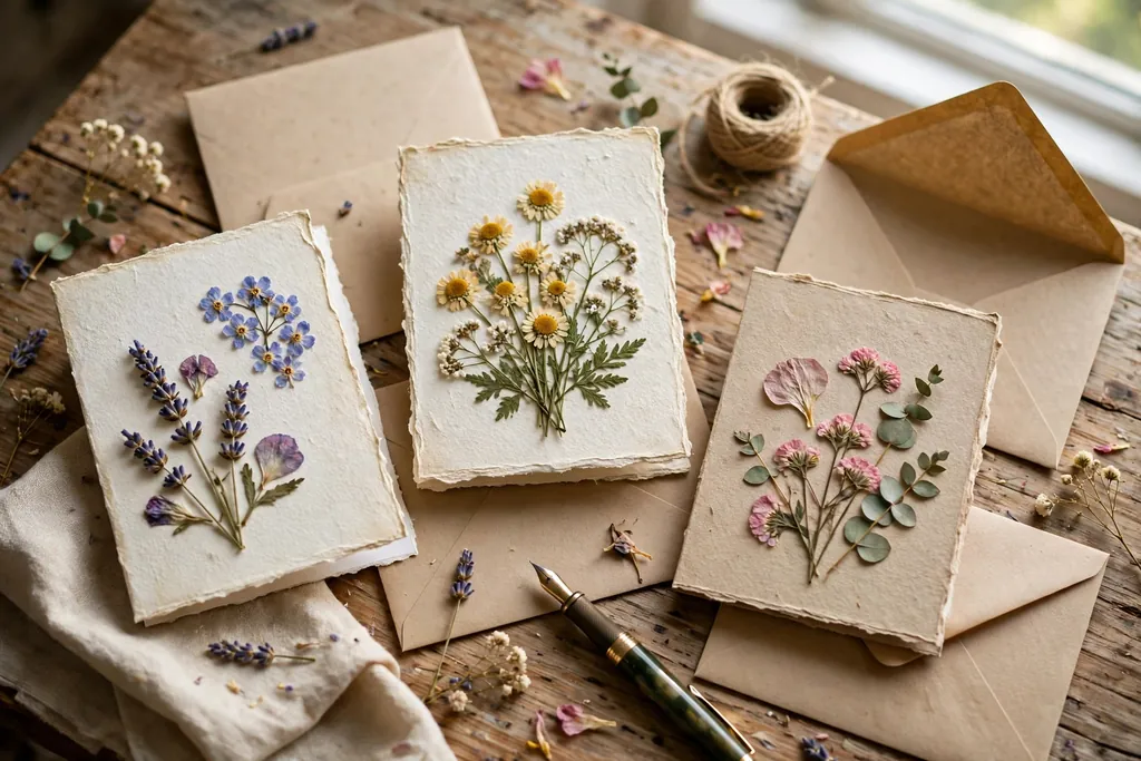 Handmade greeting cards with small pressed blooms on a table with envelopes and a pen.