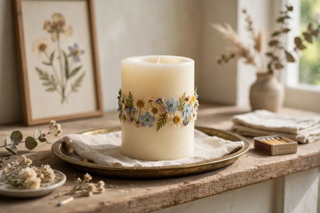 Cream pillar candle with small pressed flowers in a band around its side on a mantel tray.