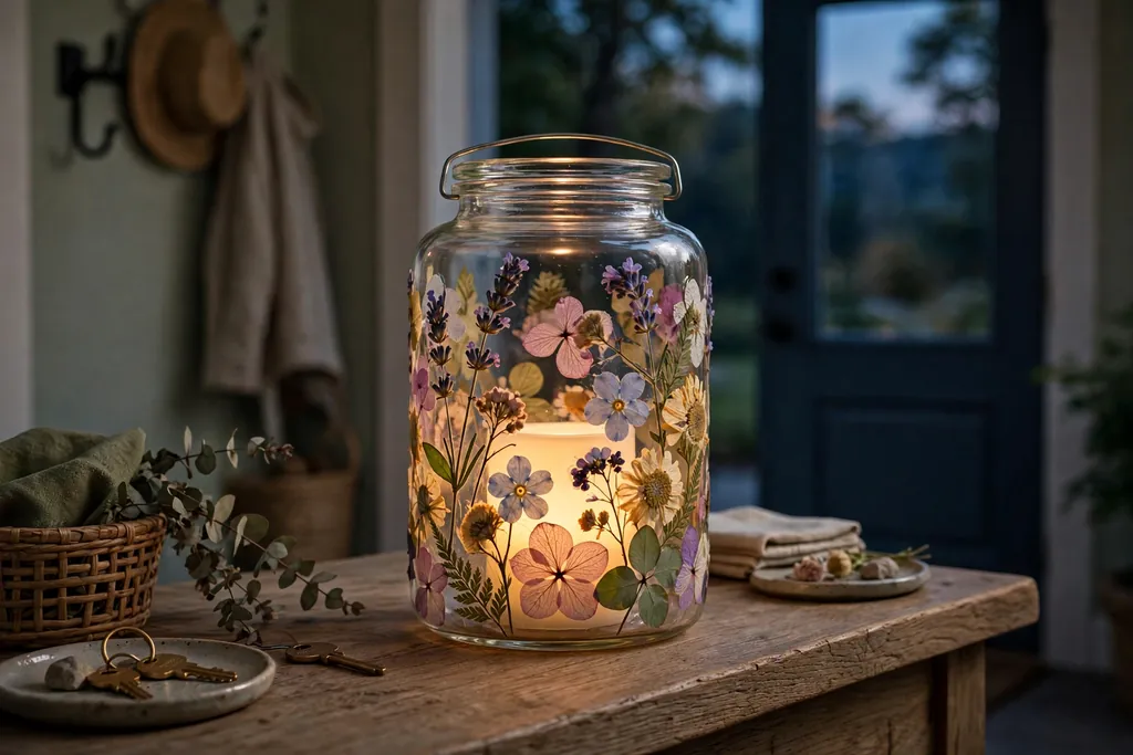 Glass jar lantern with pressed flowers outside and a battery candle glowing inside on an entryway table.
