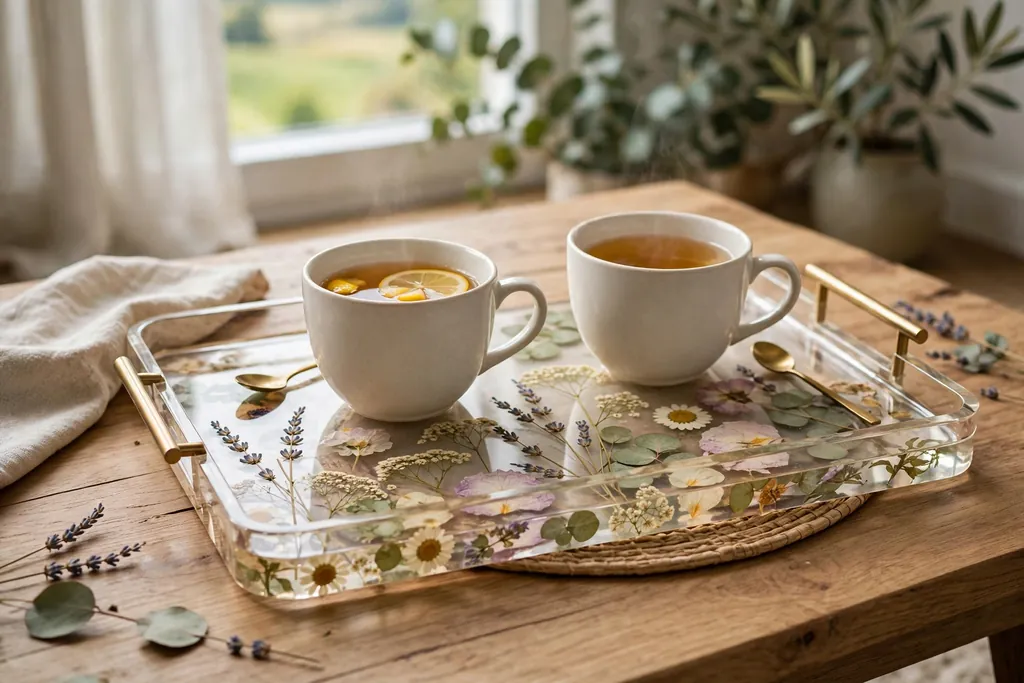Clear resin serving tray with pressed flowers in the base holding cups of tea on a coffee table.