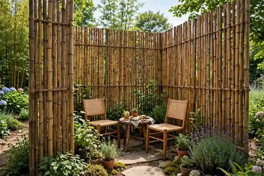Bamboo pole screen fence around a garden seating area.