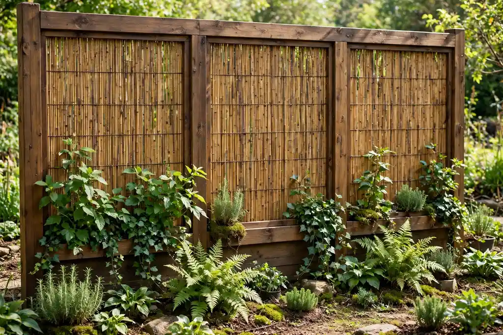 Wood framed fence with bamboo infill panels in a garden.